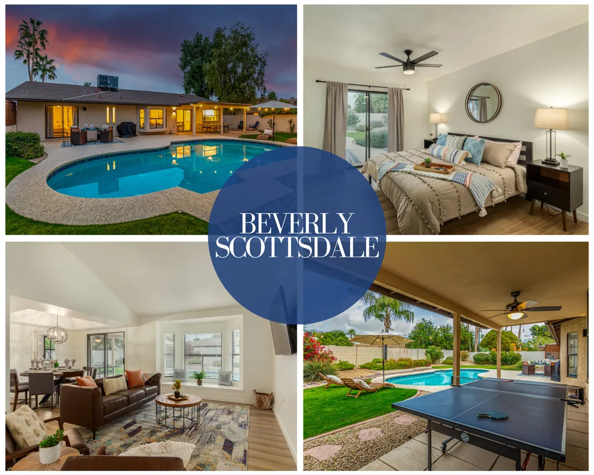 The hero image showcases a sparkling heated swimming pool in a spacious, grassy backyard, framed by mature trees and a modern patio area perfect for entertaining. Just beyond, warm lighting reveals a glimpse of the open-concept living room and inviting bedroom decor, hinting at both indoor comfort and outdoor adventure. The scene is set at sunset, enhancing the tranquil and welcoming atmosphere.
