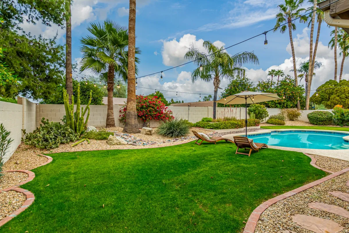 A refreshing pool scene framed by palm trees, lounge chairs, and flowering bushes. The ambiance is tranquil and inviting, with ample spaces for sunbathing, gardening, or sipping coffee in the gentle morning light.